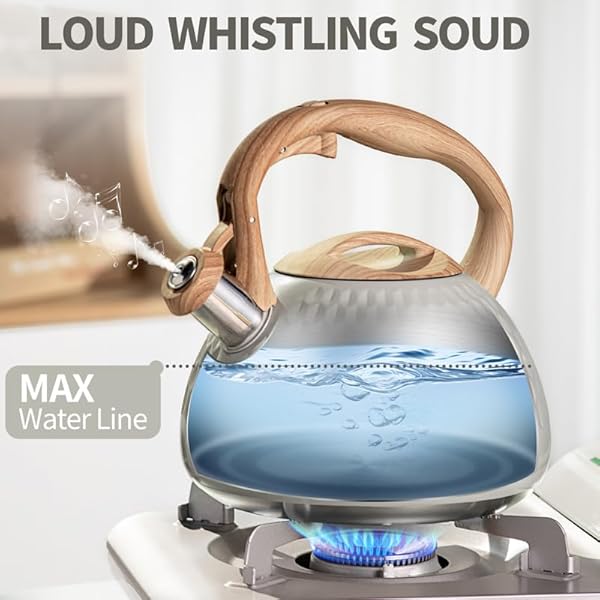 Tea kettle 27 quart with wood pattern handle loud whistle food grade stainless steel teapot anti hot handle and anti rust suitable for all heat sources  urban country home decor