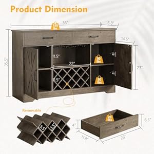 Farmhouse Wine Bar Cabinet 55" Sideboard Buffet Liquor Cabinet Cupboard with 2 Drawers, Glass Holder, Slanted Wine Racks, and Storage Cabinets for Dining Room, Kitchen, Oak Farmhouse Wine Bar Cabinet 55 Sideboard Buffet Liquor Cabinet Cupboard with 2 Drawers Glass Holder Slanted Wine Racks and Storage Cabinets for Dining Room Kitchen Oak