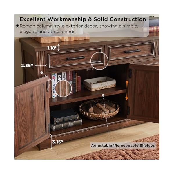 Jxqtlingmu 66 large buffet sideboard cabinet with 4 doors and 3 drawers buffet table coffee bar wine bar storage cabinet for dining room living room hallway dark brown  urban country home decor