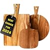 Acacia Wood Cutting Board 3 Pack with Handles Wooden Charcuterie Boards Set for Kitchen Round Rectangular and Small Paddle Serving Trays for Cheese Meat Pizza Bread and Fruits