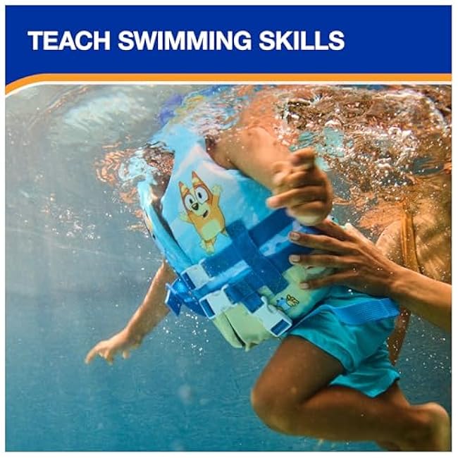 SwimWays Bluey Life Jacket, US Coast Guard Approved Kids Swim Vest, 33-55 lbs, Bluey