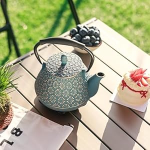   Cast-Iron-Teapot-32oz-Japanese-Sakura-Blossom-Pattern-Tea-Kettle-Stovetop-Safe-Infuser-for-Loose-Leaf-Coffee-Silicone-Handle-Enamel-Interior-950ml-Blue