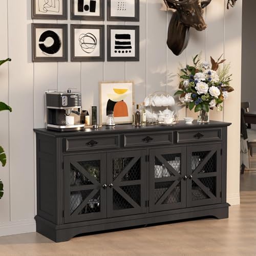 63 Large Buffet Storage Cabinet Farmhouse Kitchen Sideboard Buffet with USB Charging Station Coffee Bar Wine Bar Cabinet with Storage for Living Room Black