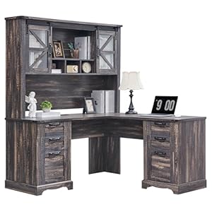 RedLemon 60" Farmhouse L Shaped Desk with Hutch, Wood Home Office Executive Desk with Drawer, Charging Station, File Drawer, Storage Cabinet, Rustic Writing Computer Desk (Dark Rustic Oak) RedLemon 60 Farmhouse L Shaped Desk with Hutch Wood Home Office Executive Desk with Drawer Charging Station File Drawer Storage Cabinet Rustic Writing Computer Desk Dark Rustic Oak