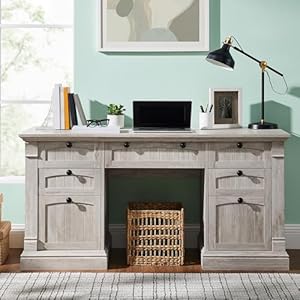 OKD 60 Executive Desk with Drawers Farmhouse Home Office Desk with Charging Station Keyboard Tray File Cabinet Storage Wood Computer Desk for Work and Study Antique Brushed White