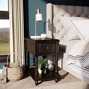 Narrow End Table with Drawer and Open Storage Shelf, Solid Wood Sofa Side Table for Living Room, Beside Table,Telephone Table for Small Spaces, Easy Assembly Vintage Black BBJ004BK Narrow End Table with Drawer and Open Storage Shelf Solid Wood Sofa Side Table for Living Room Beside TableTelephone Table for Small Spaces Easy Assembly Vintage Black BBJ004BK