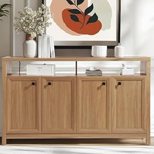 Buffet Cabinet with Power Outlet Sideboard Pantry Kitchen Cabinet with Extra Thick MDF Panel Frame Credenza for Kitchen Living Room Entryway Natural Walnut
