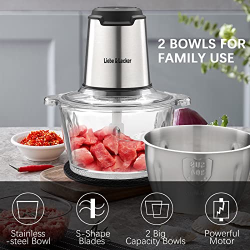LiebeLecker-Food-Processor-Meat-Grinder-with-2-Bowls-8-Cup-and-8-Cup-Food-Chopper-Electric-Vegetable-Chopper-with-4-Large-Sharp-Blades-for-Fruits-Meat-Vegetables-Baby-Food-Nuts-2-Speed LiebeLecker Food Processor Meat Grinder with 2 Bowls 8 Cup and 8 Cup Food Chopper Electric Vegetable Chopper with 4 Large Sharp Blades for Fruits Meat Vegetables Baby Food Nuts 2 Speed