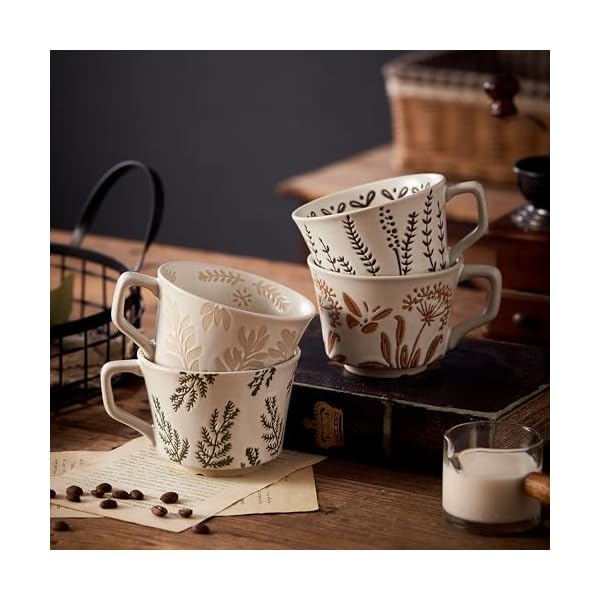 12oz rustic ceramic coffee mug set of 4 handmade pottery countryside coffee mugs with big handle for latteteamilkhot cocoadishwasher microwave safeplants  urban country home decor