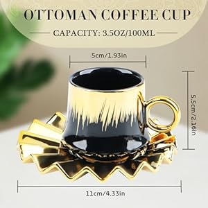 Astraloom 6 piece ottoman style turkish coffee cup set with saucers 35oz ceramic espresso cups gold plated rim black gold design black gift box with window ideal for turkish coffee espresso  urban country home decor