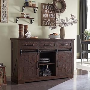 Farmhouse Buffet Cabinet 53 Sideboard Cabinet w3 Drawer Rustic Storage Cabinets wSliding Barn Door Coffee Bar for Dinning Room Kitchen Hallway and Living Room Brown