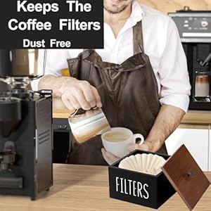 Coffee Filter Holder Wooden Coffee Filter Container Coffee Filter Storage with Lid Rustic Coffee Filter Dispenser Basket for Coffee Bar Decor Farmhouse Coffee Bar Accessories Black