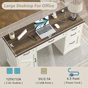 Furniouse 57 Executive Desk Farmhouse Computer Desk with Drawers and File Cabinet with Charging Station Wooden Home Office Desk Workspace for Work Writing Brown Tabletop