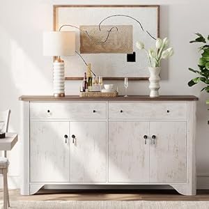 WAMPAT Sideboard Buffet Cabinet with Storage 59 Large Farmhouse Buffet Cabinet with 2 Drawers and 4 Doors Adjustable Shelves Coffee Bar Wine Bar Buffet Table for Dining Room Living Room White