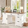 Whalefall 55 Farmhouse Desk Home Office with Drawers Executive Computer Desk Wooden with File Cabinet and Charging Station White