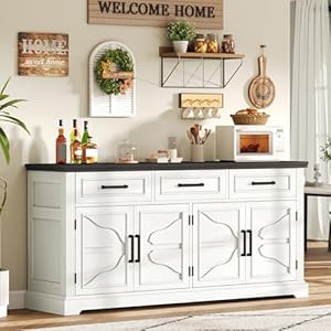 AMERLIFE 63 Large Sideboard Buffet Cabinet with 3 Drawers 32 Tall Farmhouse Accent Cabinet with 4 Doors Adjustable Shelves Coffee Bar Wine Storage Table for Dining Room Living Room BlackWhite