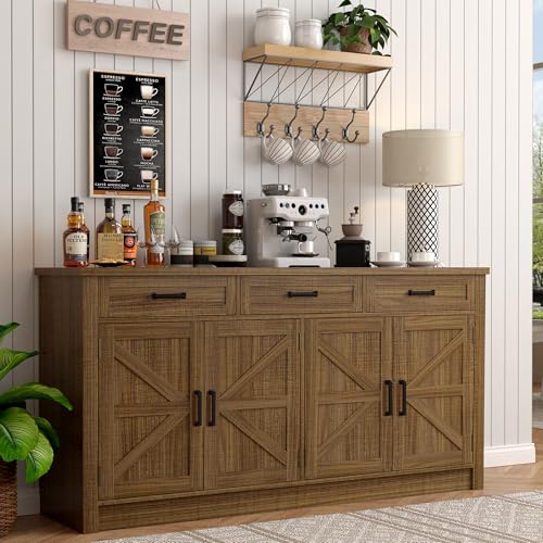 Buffet Cabinet with 3 Drawers 65 Large Sideboard Buffets Storage Cabinets with Shelves and 4 Doors Modern Farmhouse Coffee Bar Cabinet Wood Buffet Table for Kitchen Living Room Brown