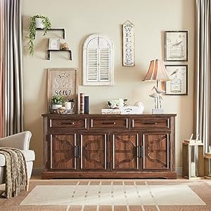 Jxqtlingmu 66 large buffet sideboard cabinet with 4 doors and 3 drawers buffet table coffee bar wine bar storage cabinet for dining room living room hallway dark brown  urban country home decor
