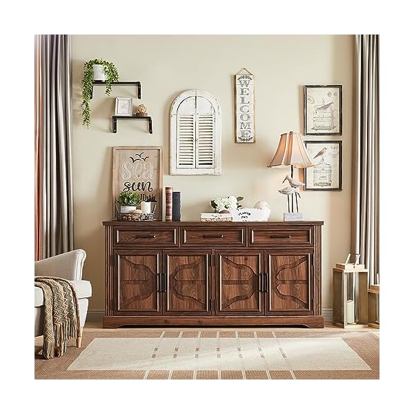 Jxqtlingmu 66 large buffet sideboard cabinet with 4 doors and 3 drawers buffet table coffee bar wine bar storage cabinet for dining room living room hallway dark brown  urban country home decor