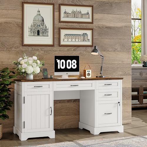 Alohappy-55-Farmhouse-Executive-Desk-with-File-Cabinet-Home-Office-Wood-Computer-Desk-with-Drawers-and-Power-Outlets-White Alohappy 55 Farmhouse Executive Desk with File Cabinet Home Office Wood Computer Desk with Drawers and Power Outlets White