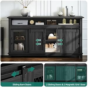 YITAHOME 63" Farmhouse Storage Cabinet, Large Buffet Sideboard Cabinet with Sliding Barn Doors and Visual Grid Doors, Coffee Bar Cabinet for Kitchen & Living Room, Dark Grey YITAHOME 63 Farmhouse Storage Cabinet Large Buffet Sideboard Cabinet with Sliding Barn Doors and Visual Grid Doors Coffee Bar Cabinet for Kitchen Living Room Dark Grey