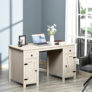 HOMCOM Farmhouse Computer Desk with Storage, Home Office Desk with 2 Drawers and 2 Cabinets, Cream White HOMCOM Farmhouse Computer Desk with Storage Home Office Desk with 2 Drawers and 2 Cabinets Cream White
