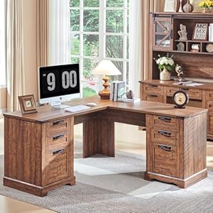 RedLemon 60 Farmhouse L Shaped Executive Desk with Drawers Wood Home Office Corner Desk with Charging Station File Drawer Storage Cabinet Rustic Computer Writing Desk Reclaimed Barnwood