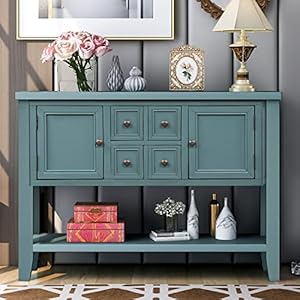 Merax Wood Farmhouse Buffet Table with Storage Shelf 2 Drawers and Cabinets Buffet Coffee Bar Cabinet for Living Room Dinning Room Kitchen Dark Blue