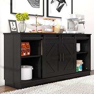 Panana bar cabinet with barn 2 sliding doors buffet farmhouse storage cabinet tv stand black  urban country home decor