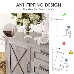 Maupvit Buffet Cabinet Sideboard Cabinet with 2 Doors and 5 Drawers Farmhouse Buffet Table with Storage for Kitchen Wood Buffet Coffee Bar Table for Dining Room Grey