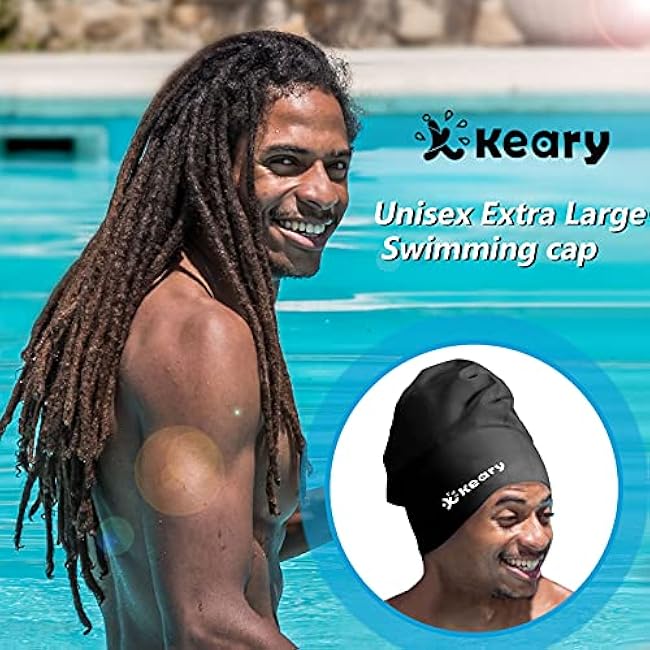 Keary Extra Large Swim Cap for Braids and Dreadlocks Extensions Weaves Long Hair, Waterproof Silicone Cover Ear Bath Pool Shower Swimming Cap for Adult Youth to Keep Hair Dry, Easy to Put On and Off