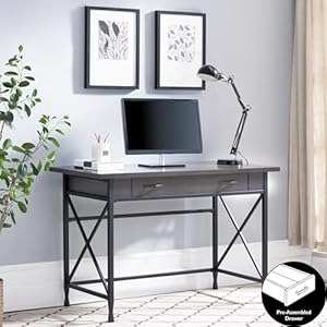 Leick Home 23400 Chisel & Forge Writing Computer Desk with Drop Front Keyboard Drawer, Smoke Gray and Matte Black Leick Home 23400 Chisel Forge Writing Computer Desk with Drop Front Keyboard Drawer Smoke Gray and Matte Black