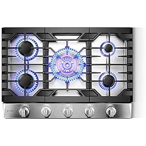 FOTILE GLS30501 30” Stainless Steel 5-Burner Gas Cooktop, Tri-Ring 22,000 BTUs Center Burner with Flame Failure Protection Removable Grates and Installation/LP Kit
