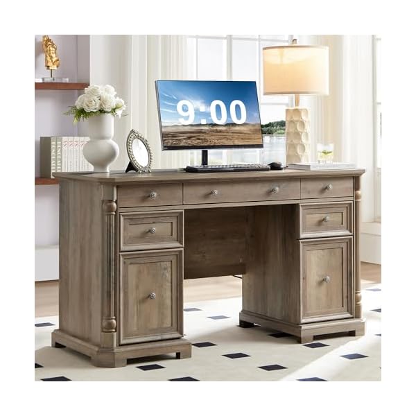 Yechen 55 wood executive desk with 7 drawers farmhouse home office desks with power outlet wooden computer desk with roman columns rustic writing table for work study weathered reclaimed oak  urban country home decor