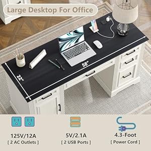Furniouse 58" Executive Desk, Farmhouse Computer Desk with Drawers and Cabinet with Charging Station, Wooden Home Office Desk, Workspace for Work & Writing, Black Tabletop Furniouse 58 Executive Desk Farmhouse Computer Desk with Drawers and Cabinet with Charging Station Wooden Home Office Desk Workspace for Work Writing Black Tabletop
