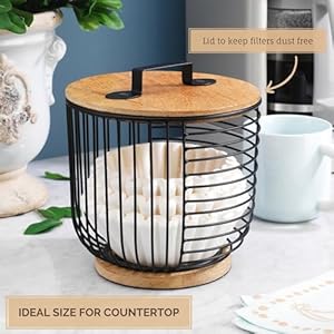 MosJos Coffee Filter Holder for Counter with Wooden Lid Round Black Wire Coffee Pod Storage Container Basket for Kitchen Countertop Organization Coffee Bar Accessories