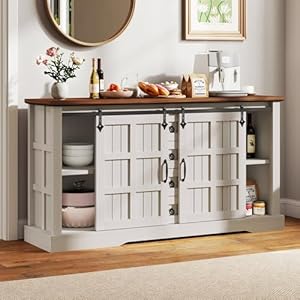 YITAHOME 59 Farmhouse Buffet Cabinet with Storage Large Sideboard Cabinet wSliding Barn Doors and 4 Drawers Kitchen Cabinets for Living Room White Oak