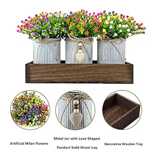 Table Centerpiece Decoration Artificial Flower Set with 3 Fake Milan Bouquet and Wood Tray for Desk Home Bathroom Office Decor