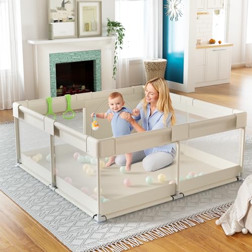 Fodoss Baby Playpen Upgrade Playpen for Babies and Toddlers 47x47x26inch Beige Play Pen for Babies with Hand Pulling Ring Play Pen Center for KidsBaby FenceBaby Playards