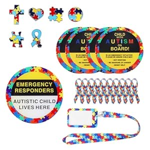 Autism Awareness Set – Magnets for Car and House Sticker Door Sign Pins Badge and Lanyard Ribbons Non-Adhesive Magnetic Autistic Child Lives Here Crafts for Special Education Supplies