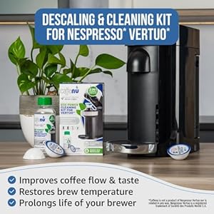 Nespresso Compatible Descaling Kit. 2 Uses Nespresso Vertuo Descaling Solution and 6 Cleaner Pods. Removes Limescale & Cleans Pod Area. Better Tasting & Hotter Coffee. 4 Months Supply. Nespresso Compatible Descaling Kit 2 Uses Nespresso Vertuo Descaling Solution and 6 Cleaner Pods Removes Limescale Cleans Pod Area Better Tasting Hotter Coffee 4 Months Supply