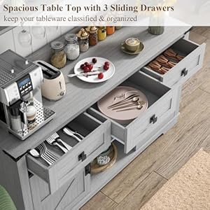 Farmhouse Bar Cabinet with Hutch Kitchen Buffet Cabinet with Storage Cabinet 3 Sliding Drawers Adjustable Shelf Goblet Holder Cup Hooks for Living Room Dining Room Use Grey