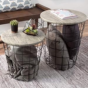 End Tables Set of 2 Nesting Tables with Removable Wood Tops and Metal Basket Bases for Blanket Storage Round Side Furniture for Living Room Bedroom or Home Office by Lavish Home GrayBlack