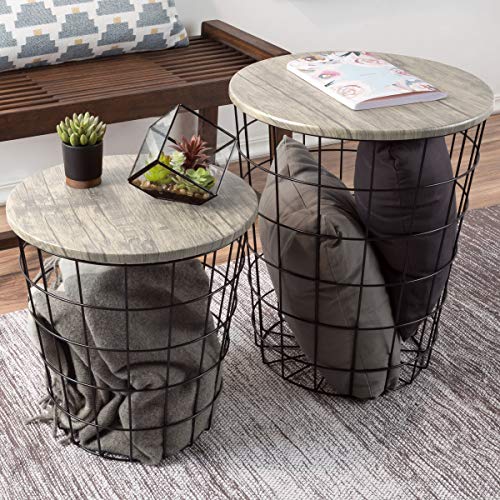 End Tables Set of 2 Nesting Tables with Removable Wood Tops and Metal Basket Bases for Blanket Storage Round Side Furniture for Living Room Bedroom or Home Office by Lavish Home GrayBlack