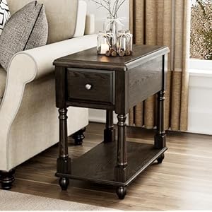 Narrow End Table with Drawer and Open Storage Shelf, Solid Wood Sofa Side Table for Living Room, Beside Table,Telephone Table for Small Spaces, Easy Assembly Vintage Black BBJ004BK Narrow End Table with Drawer and Open Storage Shelf Solid Wood Sofa Side Table for Living Room Beside TableTelephone Table for Small Spaces Easy Assembly Vintage Black BBJ004BK