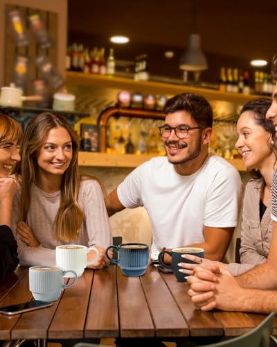 Hasense-Ceramic-Coffee-Mug-Set-of-4-with-Rack-12-oz-Stackable-Coffee-Cups-Ceramic-Modern-Ribbed-Latte-Cup-Sets-for-Cappuccino-Tea-Hot-Cocoa-Drinks-Wedding-Housewarming-Gifts-Multi-Colors Hasense Ceramic Coffee Mug Set of 4 with Rack 12 oz Stackable Coffee Cups Ceramic Modern Ribbed Latte Cup Sets for Cappuccino Tea Hot Cocoa Drinks Wedding Housewarming Gifts Multi Colors