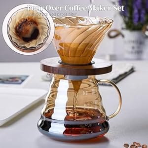 Pour Over Coffee Maker Set 20 oz 600 ml Borosilicate Glass Coffee Server with Glass Lid 50 pcs V60 Paper Filter Walnut Handle Pour Over Coffee Dripper for Home Cafe Restaurant Gold
