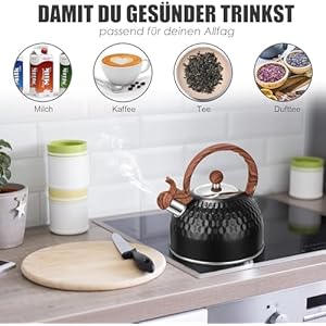Tea pot stovetop 85 oz 25 l whistling tea kettle for stove top food grade stainless steel water kettle with wood pattern handle for coffeeteamilk etc kettle pot gas electric applicable black  urban country home decor