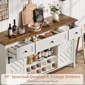 59 Farmhouse Buffet Cabinet with Sliding Barn Door Rustic Sideboard with 3 Drawer Removable Wine Rack Farmhouse Sideboard with Adjustable Shelf for for Dining Room Kitchen White