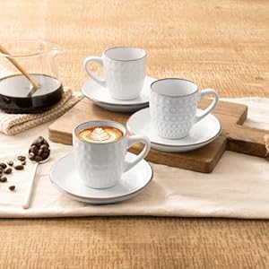 Famiware espresso cups and saucers set of 4 3 oz ceramic small coffee mug with handle embossed stoneware demitasse cup for tea latte microwave dishwasher safe white circle  urban country home decor